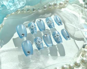 Handmade Ocean Waves Gem Rhinestone Silver Blue-green Cyan Cat Eye