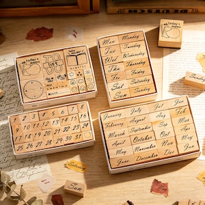 Wooden Date & Planner Stamp Set – Weekly Monthly Weather To-Do Stamps for Bullet Journal Diary