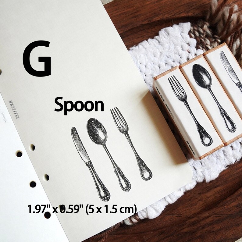 Vintage Food Rubber Stamp Set, Wooden Handle Journal Stamps for Scrapbooking, Coffee Burger Ice Cream Cutlery Stationery, DIY Planner Decor G/Spoon