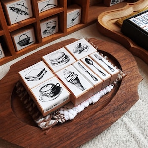 Vintage Food Rubber Stamp Set, Wooden Handle Journal Stamps for Scrapbooking, Coffee Burger Ice Cream Cutlery Stationery, DIY Planner Decor ALL