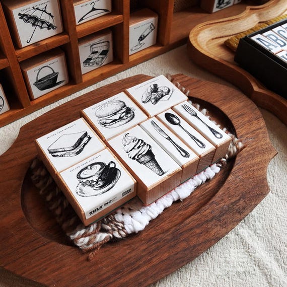 Vintage Food Rubber Stamp Set, Wooden Handle Journal Stamps for Scrapbooking, Coffee Burger Ice Cream Cutlery Stationery, DIY Planner Decor