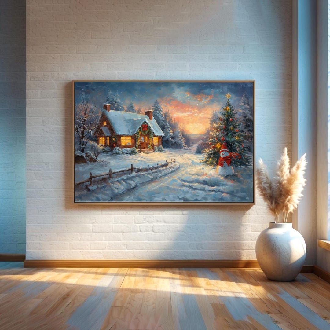 Cozy Christmas Cottage | Winter Snow Scene Canvas Wall Art | Holiday ...