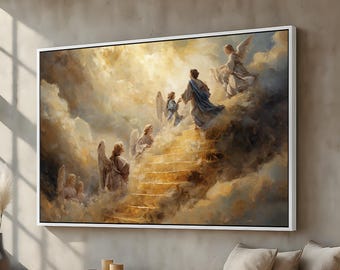 May include: A framed artwork depicting a heavenly scene. Angels and figures ascend a golden staircase amidst clouds. The artwork features a white frame and is displayed on a neutral-toned wall, with soft lighting.