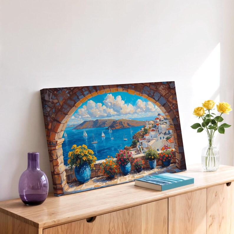 Mediterranean Seaside Canvas Wall Art | Coastal Village View | Greek ...