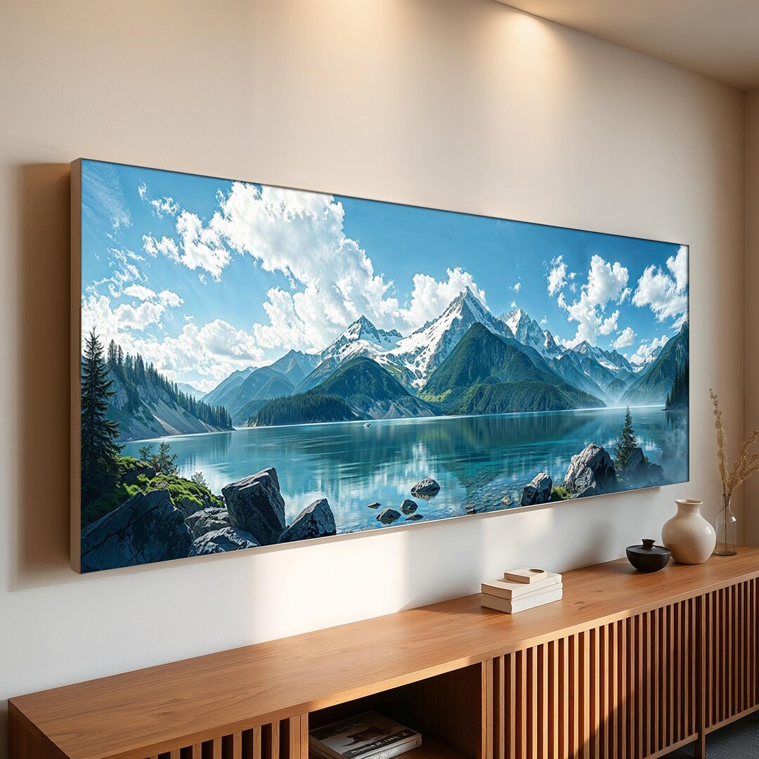 Panoramic Mountain Lake Canvas Wall Art | Snowy Alpine Peaks ...