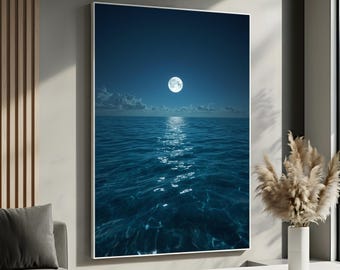 Moonlit Ocean Portrait Canvas Wall Art | Full Moon Night Seascape | Calm Coastal Decor for Bedroom | Spiritual Relaxing Art | Ready to Hang