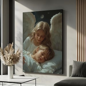 Guardian Angel Watching Over Child Canvas Wall Art | Peaceful Christian Nursery Decor | Faith Inspired Artwork | Comforting Religious Art
