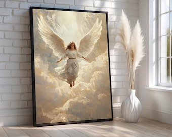 Heavenly Angel Descending Canvas Wall Art | Christian Faith Decor | Guardian Angel Artwork | Spiritual Home Wall Art | Ready to Hang