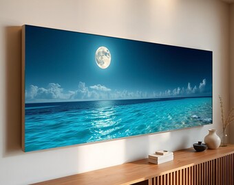 Panoramic Moonlit Ocean Canvas Wall Art | Full Moon Sea Night Poster | Ready to Hang Framed Wall Decor for Bedroom Living Room