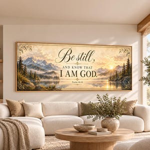 May include: A rectangular landscape wall art print featuring a mountain range, a calm lake, and pine trees under a golden sunrise. The text reads: Be still, AND KNOW THAT I AM GOD. Psalm 46:10. The artwork is framed in a thin, light-colored wood border.