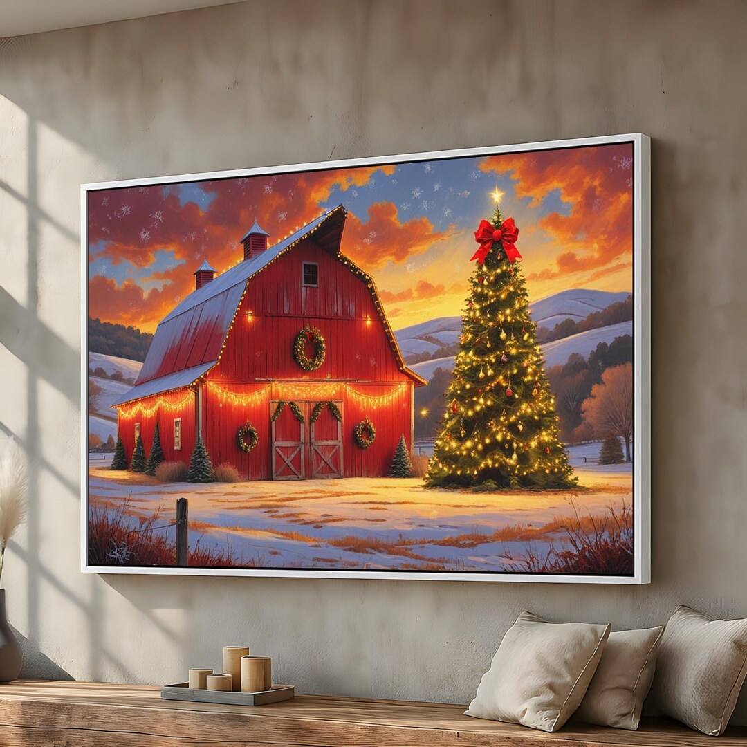 Rustic Red Barn With Christmas Lights & Tree | Country Holiday Canvas ...