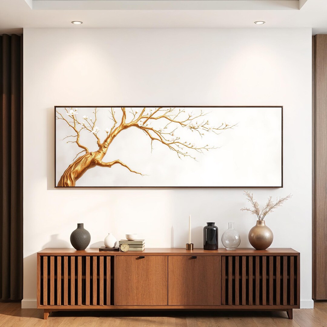 Panoramic Gold Tree Canvas Wall Art | Elegant White Blossom Tree Decor ...