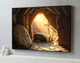 Empty Tomb Resurrection Canvas Wall Art | Risen Christ Easter Scene | Christian Faith Decor | Scripture Inspired Poster | Ready to Hang