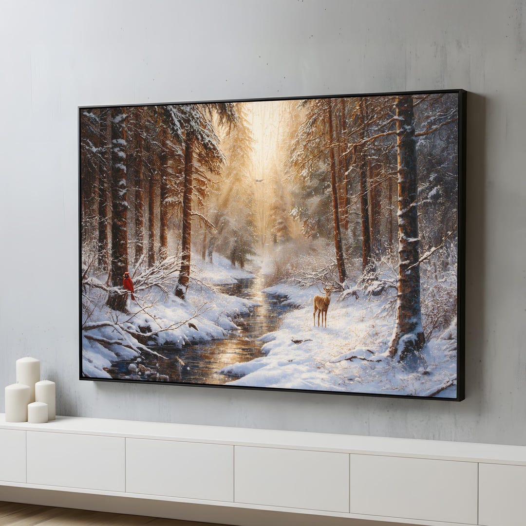 Winter Forest Canvas Wall Art | Snowy Woods With Deer & Cardinal ...