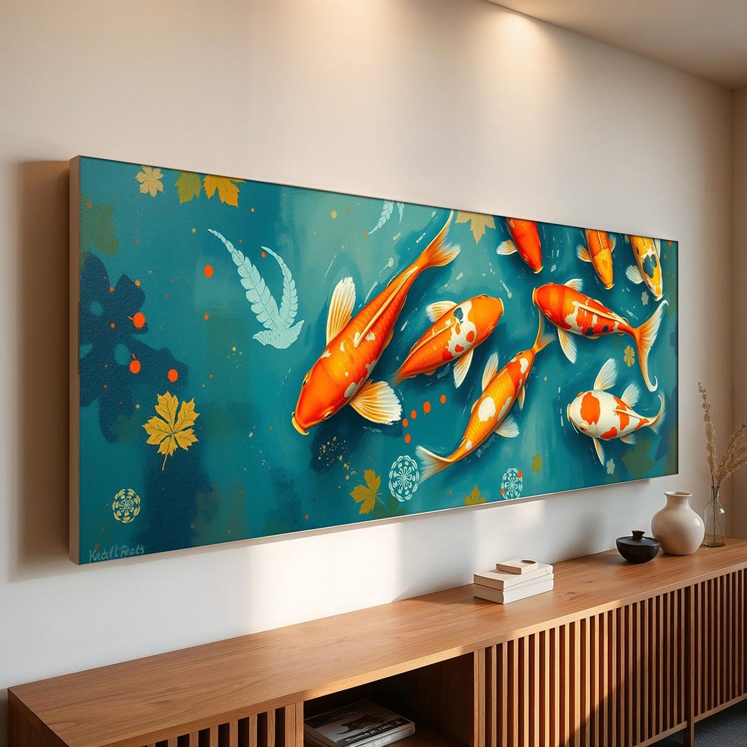 Panoramic Koi Fish Canvas Wall Art | Japanese Pond Nature Poster ...