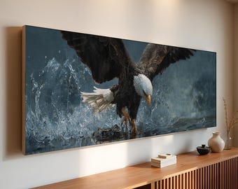 Panoramic Bald Eagle Canvas Wall Art | Majestic Eagle Hunting Over Water | Patriotic Wildlife Decor for Living Room | Ready to Hang