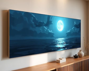 Moonlit Ocean Canvas Wall Art | Full Moon Over Calm Sea Night Decor for Bedroom Living Room | Serene Coastal Wall Art | Ready to Hang