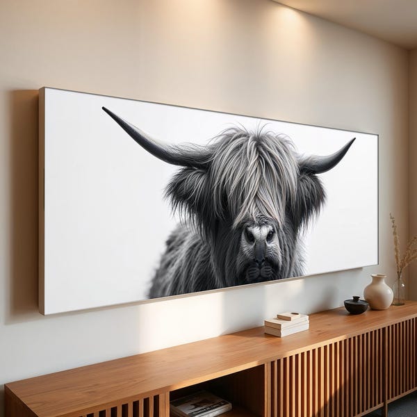 Highland Cow Canvas Wall Art | Minimalist Black and White Long Horn Cattle Portrait for Modern Rustic Decor | Powerful Wildlife Art