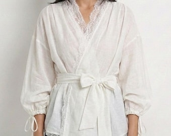 Women's Lace Patchwork Blouse, Waist Tie Shirt, Long Sleeve V Neck Shirt, Cotton Linen Spring Feminine Top, Lightweight Breathable Blouse
