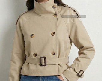 Women's Cropped Trench Jacket, Belted Trench Coat, Fall Spring Outerwear, Casual Stand Collar Coat, Retro Style Spring Fall Jacket