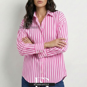 Women’s Striped Shirt, Loose Casual Blouse, Oversized Lapel Button Shirt Jacket, Long Sleeve Casual Cardigan Style Top, Spring Summer Top