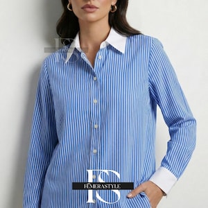 Blue White Striped Shirt Women, Casual Blouse, Lapel Button Shirt Jacket, Loose Fit Long Sleeve Casual Blouse, Spring Summer Top For Women