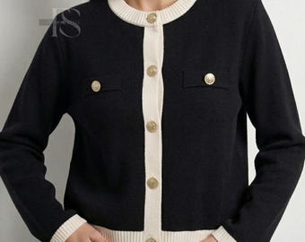 Contrast Trim Cardigan Women, Gold Button Sweater, Round Neck Classic Knit Cardigan, Elegant Casual Retro Knit Top, Autumn Winter Layer