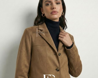Women's Suede Blazer Jacket, Loose Fit Lapel Suit Coat, Long Sleeve Jacket, Casual Street Style Fall Outerwear