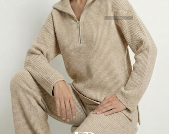 Women's 2 Piece Sweater Set, Loose Fit Lapel Top & High Waist Pants Outfit, Casual Set, Lazy Style Matching Set, Daily Wear, Cozy Two Piece