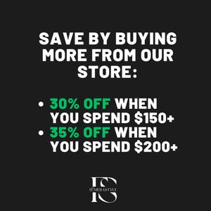 Pu&ograve; includere: Sfondo nero con testo bianco che recita "RISPARMIA ACQUISTANDO DI PI&Ugrave; DAL NOSTRO NEGOZIO:". Sotto, il testo verde indica "30% DI SCONTO QUANDO SPENDI $150+" e "35% DI SCONTO QUANDO SPENDI $200+". Il logo FEMERASTYLE &egrave; in basso.