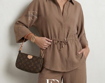 Women's Two Piece Set, Relaxed Shirt and Wide Leg Pants, Drawstring Waist Outfit, Casual Matching Set, Everyday Outfit, Fall Summer Outfit
