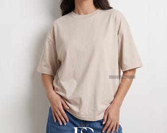 T-shirt da donna oversize in cotone pesante, 300 GSM, vestibilità ampia, minimal, tinta unita, streetwear, maglietta casual estiva