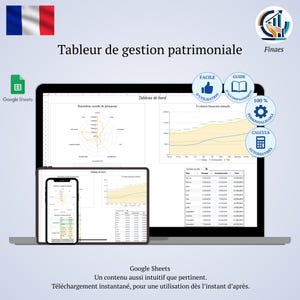 Peut inclure: Capture d'écran d'un tableur de gestion financière affiché sur un ordinateur portable, une tablette et un smartphone. L'image comprend des graphiques et des tableaux de données. Le texte comprend "Tableur de gestion patrimoniale" et "Google Sheets".