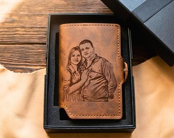 Portefeuille en cuir personnalisé pour homme, porte-cartes mince gravé, cadeau pour mari, cadeau d'anniversaire pour petit ami