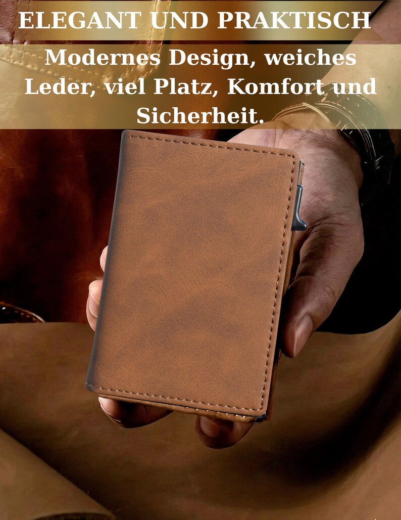 A person's hand holding a brown leather wallet or card holder, with a text overlay discussing modern design and materials.