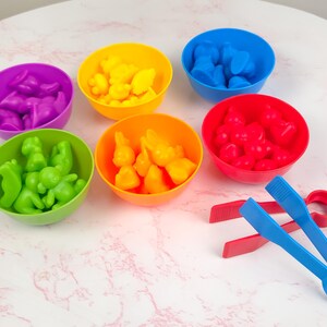 Può includere: Un colorato set di giocattoli educativi con sei piccole ciotole in viola, giallo, blu, rosso, verde e arancione, ciascuna riempita con forme di plastica abbinate. Sono incluse anche due paia di pinzette, una rossa e una blu.