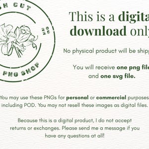 May include: A digital download notice featuring a circular logo with a floral illustration and the text Fresh Cut PNG Shop. The text states: This is a digital download only. No physical product will be shipped. You will receive one png file and one svg file. Usage terms and return policy information are also included in dark green text.