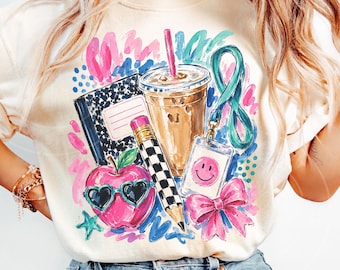 Preppy Teacher PNG, Watercolor Iced Coffee Sublimation Design, Back to School Coquette Shirt Design, Trendy Teach T-Shirt Graphic