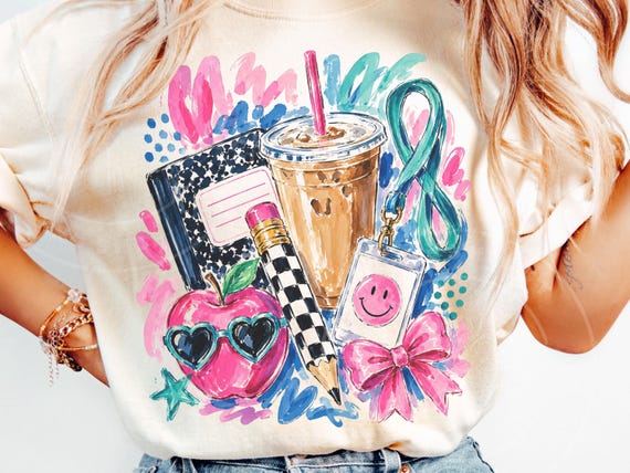 Preppy Teacher PNG, Watercolor Iced Coffee Sublimation Design, Back to School Coquette Shirt Design, Trendy Teach T-Shirt Graphic
