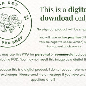 May include: A digital download graphic with text and a floral design. The text reads "This is a digital download only" and "FRESH CUT PNG SHOP". The image includes information about the product and usage rights.