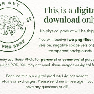 K&ouml;nnte beinhalten: Ein digitaler Download-Hinweis mit einem kreisf&ouml;rmigen gr&uuml;nen Stempel-Logo, einer Blumenillustration und dem Text Fresh Cut PNG Shop. Der Text besagt, dass es sich um einen digitalen Download mit zwei transparenten PNG-Dateien handelt.