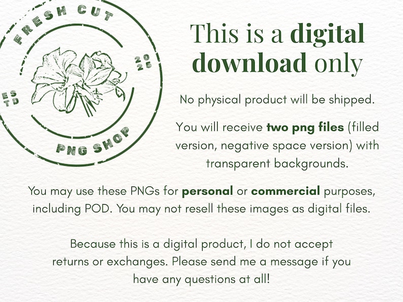 K&ouml;nnte beinhalten: Ein digitaler Download-Hinweis mit einem kreisf&ouml;rmigen gr&uuml;nen Stempel-Logo, einer Blumenillustration und dem Text Fresh Cut PNG Shop. Der Text besagt, dass es sich um einen digitalen Download mit zwei transparenten PNG-Dateien handelt.