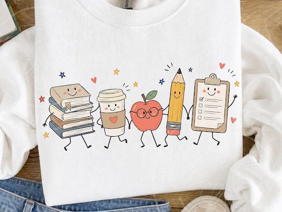 Teacher Doodle PNG, Cute Teacher Characters, Teacher Life Sublimation, Book Coffee Apple Pencil Clipboard, Back to School Shirt Design