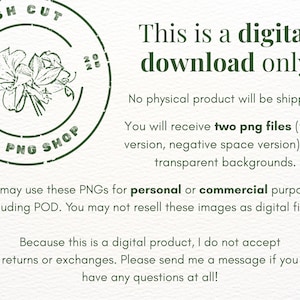 Pu&ograve; includere: Un avviso di download digitale con un logo circolare, un'illustrazione floreale e il testo FRESH CUT PNG SHOP ESTD 2025. Il testo recita: This is a digital download only. No physical product will be shipped. You will receive two png files.