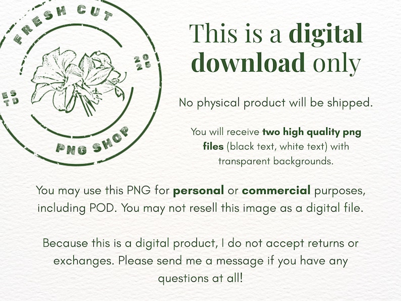 Puede incluir: Gr&aacute;fico de descarga digital con texto: "Esto es solo una descarga digital". Incluye un sello circular verde con ilustraci&oacute;n floral y texto: "FRESH CUT PNG SHOP". La imagen indica que no se enviar&aacute; ning&uacute;n producto f&iacute;sico.