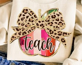 Leopard Bow Teach PNG for Teachers | Brushstroke Apple Clipart for Sublimation