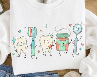Dentist Doodle PNG, Cute Dental Characters Design, Orthodontist Sublimation, Tooth Toothbrush Floss Dental Mirror, Dental Hygienist PNG
