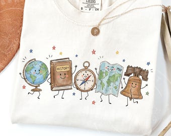 Social Studies Teacher PNG, Globe Map History Book Compass Liberty Bell, Doodle Characters Crew Design, Back to School Sublimation
