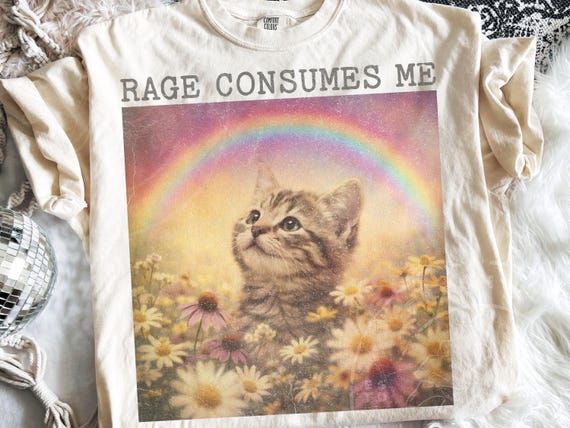 Rage Consumes Me PNG | Funny Cat Meme | Y2K Kitten Rainbow Shirt Design | Retro Aesthetic Cat Graphic Tee | Dark Humor