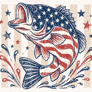 Patriotic Bass PNG | American Flag Fish Design | 4th of July Fishing Lake Life | Distressed USA Flag Big Mouth Bass